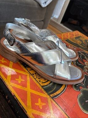 Prada Metallic Silver Leather Slingback Sandals, Size 9,5